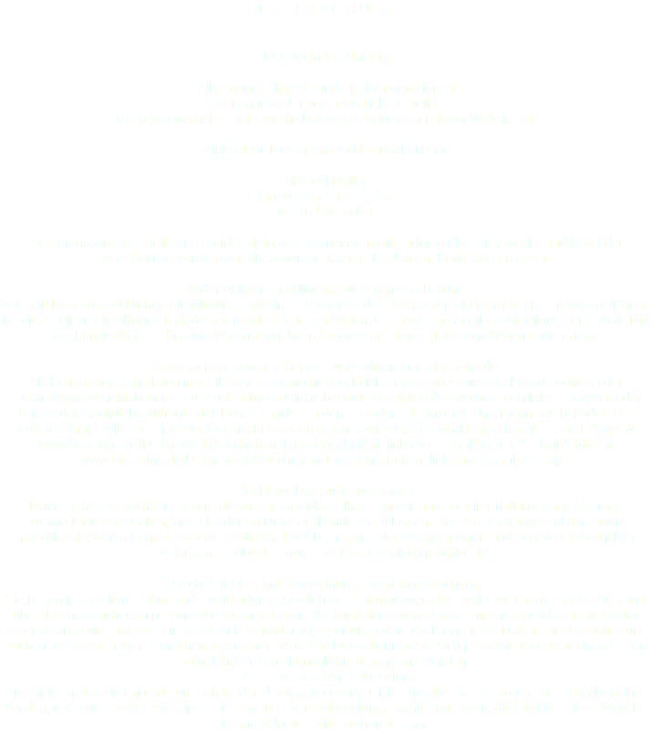 Datenschutz Datenschutzerklärung Allgemeiner Hinweis und Pflichtinformationen Benennung der verantwortlichen Stelle Die verantwortliche Stelle für die Datenverarbeitung auf dieser Website ist: Michael Müller Garten- und Landschaftsbau Micheal Müller Einsbacher Strasse, 5 c 82216 Überacker Die verantwortliche Stelle entscheidet allein oder gemeinsam mit anderen über die Zwecke und Mittel der Verarbeitung von personenbezogenen Daten (z.B. Namen, Kontaktdaten o. Ä.). Widerruf Ihrer Einwilligung zur Datenverarbeitung Nur mit Ihrer ausdrücklichen Einwilligung sind einige Vorgänge der Datenverarbeitung möglich. Ein Widerruf Ihrer bereits erteilten Einwilligung ist jederzeit möglich. Für den Widerruf genügt eine formlose Mitteilung per E-Mail. Die Rechtmäßigkeit der bis zum Widerruf erfolgten Datenverarbeitung bleibt vom Widerruf unberührt. Recht auf Beschwerde bei der zuständigen Aufsichtsbehörde Als Betroffener steht Ihnen im Falle eines datenschutzrechtlichen Verstoßes ein Beschwerderecht bei der zuständigen Aufsichtsbehörde zu. Zuständige Aufsichtsbehörde bezüglich datenschutzrechtlicher Fragen ist der Landesdatenschutzbeauftragte des Bundeslandes, in dem sich der Sitz unseres Unternehmens befindet. Der folgende Link stellt eine Liste der Datenschutzbeauftragten sowie deren Kontaktdaten bereit: <a href="https://www.bfdi.bund.de/DE/Infothek/Anschriften_Links/anschriften_links-node.html" target="_blank">https://www.bfdi.bund.de/DE/Infothek/Anschriften_Links/anschriften_links-node.html</a>.</p> Recht auf Datenübertragbarkeit Ihnen steht das Recht zu, Daten, die wir auf Grundlage Ihrer Einwilligung oder in Erfüllung eines Vertrags automatisiert verarbeiten, an sich oder an Dritte aushändigen zu lassen. Die Bereitstellung erfolgt in einem maschinenlesbaren Format. Sofern Sie die direkte Übertragung der Daten an einen anderen Verantwortlichen verlangen, erfolgt dies nur, soweit es technisch machbar ist. Recht auf Auskunft, Berichtigung, Sperrung, Löschung Sie haben jederzeit im Rahmen der geltenden gesetzlichen Bestimmungen das Recht auf unentgeltliche Auskunft über Ihre gespeicherten personenbezogenen Daten, Herkunft der Daten, deren Empfänger und den Zweck der Datenverarbeitung und ggf. ein Recht auf Berichtigung, Sperrung oder Löschung dieser Daten. Diesbezüglich und auch zu weiteren Fragen zum Thema personenbezogene Daten können Sie sich jederzeit über die im Impressum aufgeführten Kontaktmöglichkeiten an uns wenden. SSL- bzw. TLS-Verschlüsselung Aus Sicherheitsgründen und zum Schutz der Übertragung vertraulicher Inhalte, die Sie an uns als Seitenbetreiber senden, nutzt unsere Website eine SSL-bzw. TLS-Verschlüsselung. Damit sind Daten, die Sie über diese Website übermitteln, für Dritte nicht mitlesbar. 